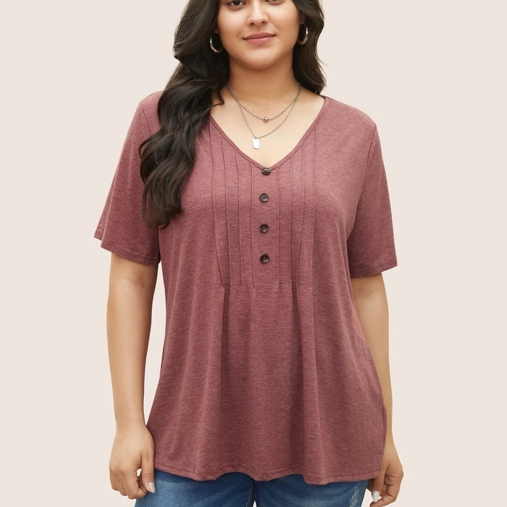 BloomChic Plus Size Solid Pleated Front Button Detail V Neck T-shirt